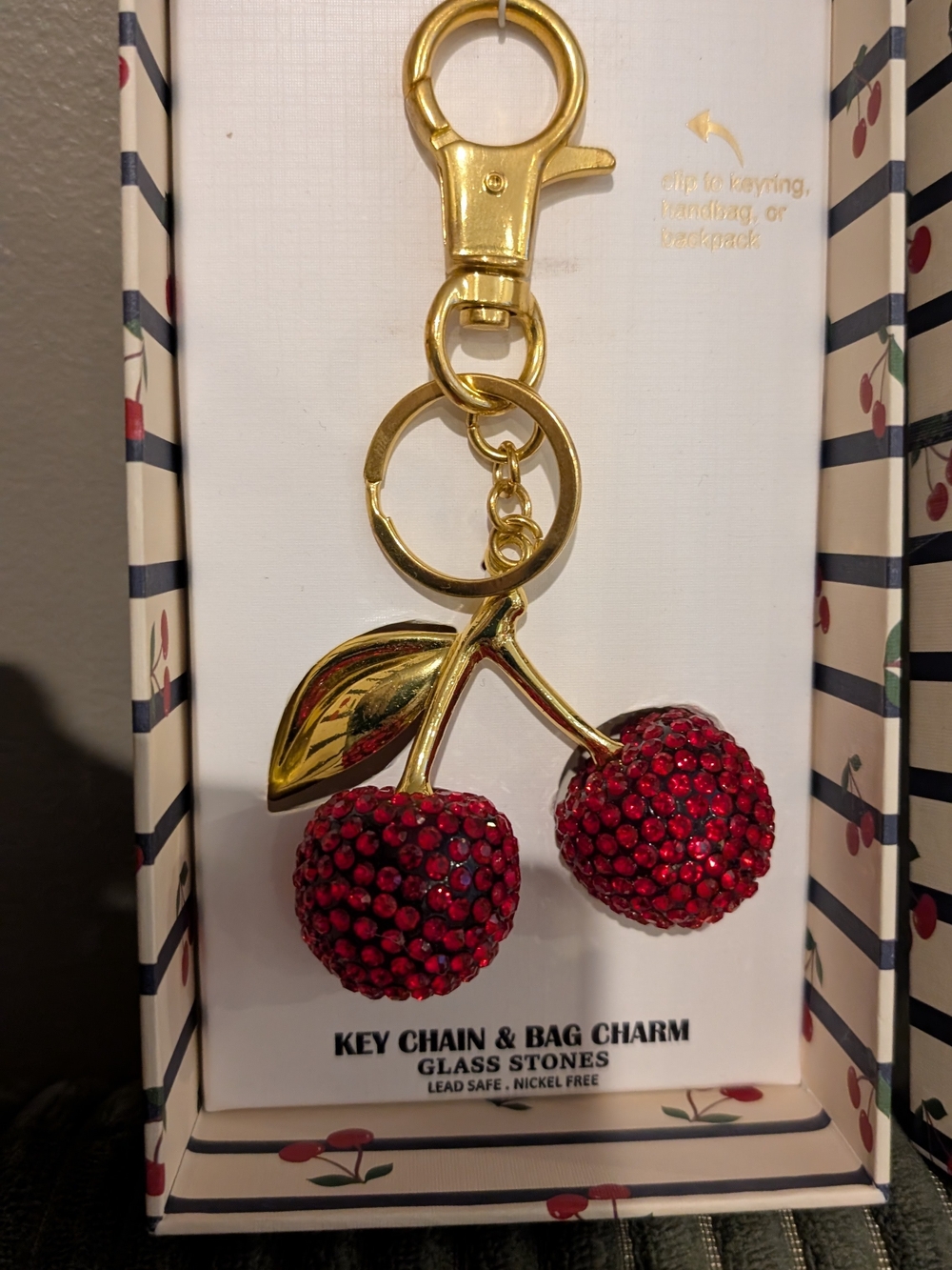 Piper K Rhinestone Cherry Bag Charm Key Chain  SOME BIG CHERRIES! NEW IN THE BOX